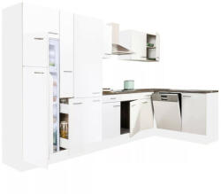 Leziter Yorki 370 sarok konyhablokk fehér korpusz, selyemfényű fehér fronttal polcos szekrénnyel és felülfagyasztós hűtős szekrénnyel (LS370FHFH-PSZ-FF)