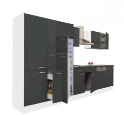 Leziter Yorki 370 konyhablokk fehér korpusz, selyemfényű antracit fronttal polcos szekrénnyel és felülfagyasztós hűtős szekrénnyel (L370FHAN-PSZ-FF)