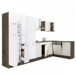 Leziter Yorki 370 sarok konyhablokk yorki tölgy korpusz, selyemfényű fehér fronttal polcos szekrénnyel és felülfagyasztós hűtős szekrénnyel (LS370YFH-PSZ-FF)
