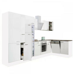Leziter Yorki 370 sarok konyhablokk fehér korpusz, selyemfényű fehér front alsó sütős elemmel polcos szekrénnyel, felülfagyasztós hűtős szekrénnyel (LS370FHFH-SUT-PSZ-FF)