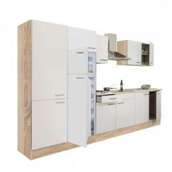 Leziter Yorki 330 konyhablokk sonoma tölgy korpusz, selyemfényű fehér fronttal polcos szekrénnyel és felülfagyasztós hűtős szekrénnyel (L330STFH-PSZ-FF)