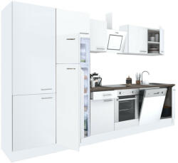 Leziter Yorki 340 konyhablokk fehér korpusz, selyemfényű fehér front alsó sütős elemmel polcos szekrénnyel és felülfagyasztós hűtős szekrénnyel (L340FHFH-SUT-PSZ-FF)