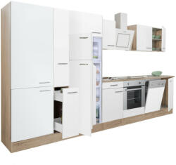 Leziter Yorki 370 konyhablokk sonoma tölgy korpusz, selyemfényű fehér front alsó sütős elemmel polcos szekrénnyel és felülfagyasztós hűtős szekrénnyel (L370STFH-SUT-PSZ-FF)