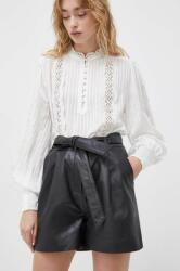 Bruuns Bazaar pantaloni scurti de piele femei, culoarea negru, neted, high waist PPYH-SZD007_99X