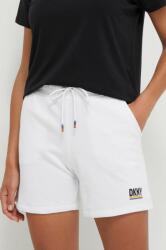 DKNY pantaloni scurti femei, culoarea alb, cu imprimeu, high waist PPYH-SZD00W_00X
