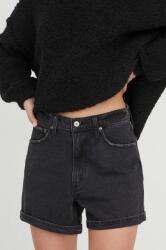 Abercrombie & Fitch pantaloni scurti jeans femei, culoarea negru, neted, high waist PPYH-SZD0AO_99X