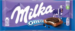 Milka Oreo Sandwich kakaós kekszek vaníliaízű, tejes krémtöltelékkel alpesi tejcsokoládén 92 g