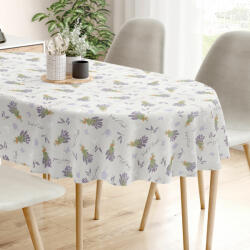 Goldea față de masă decorativă loneta - lavandă și fluturi pe bej natural - ovală 140 x 280 cm Fata de masa