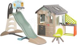 Smoby Ökobarát házikó kosárlabdával a csúszdán natúr színvilágban Neo Jura Lodge Playhouse Green Smoby bővíthető (SM810230-S)