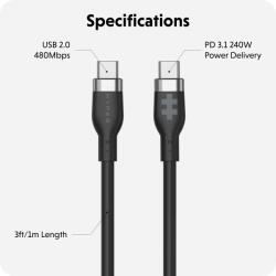 Targus HyperJuice 240W Silicone USB-C to USB-C Cable (3ft/1m), Black (HJ4001BKGL)
