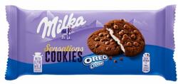 Milka Cookies Sensations Oreo Creme kakaós keksz tejcsokoládé darabokkal, vaníliás töltelékkel 156 g - bevasarlas