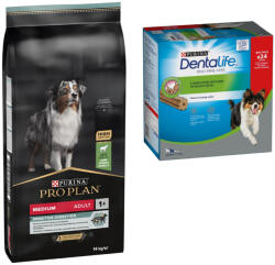 PRO PLAN 14kg Medium Adult Optidigest csirke & rizs + 24db Dentalife snack közepes testű kutyáknak ingyen