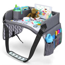 Timelesstools Masa portabila de copii, cu buzunare, pentru masina, gri (HOP1001719-1) Set pentru masa bebelusi
