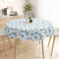 Goldea față de masă decorativă loneta - flori de hortensie albastră - rotundă Ø 240 cm