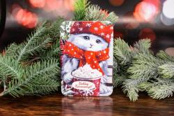 Minikek Cica forrócsokival karácsonyi dekoráció lézervágott téglalap táblácska 13.5cm