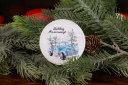 Minikek Kék kocsi karácsonyi dekoráció lézervágott korong táblácska 6.5cm