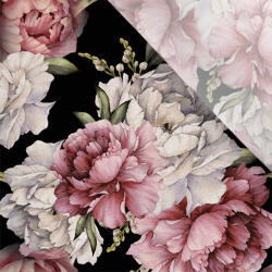 Takoy Enyhén elasztikus műselyem / silky anyag bazsarózsák fekete alapon