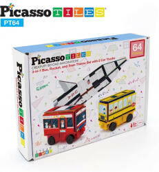PicassoTiles Set PicassoTiles 3-în-1 cu piese de construcție și autocolante magnetice (64 piese) - Rachetă, Tren și Autobuz școlar Jucarii de constructii magnetice