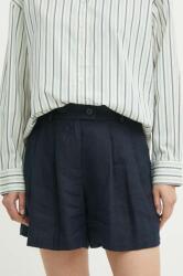 Sisley vászon rövidnadrág sötétkék, sima, magas derekú - sötétkék 36