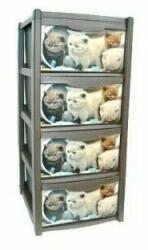 GimiHome Dulap gri pentru depozitare, din plastic, 4 sertare, model cu pisicute (565093pisicutegri)