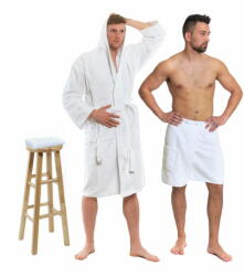 Interkontakt Fehér szett: fürdőköpeny kapucnival + férfi szauna szett + törölköző A fürdőköpeny mérete S