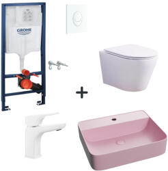 Foglia Set vas wc rimless cu capac soft close, lavoar baie roz mat, baterie si rezervor wc Rapid SL cu clapeta alba (foglia7)