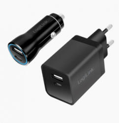 LogiLink USB töltőkészlet, autós és váltóáramú, USB-C/F + USB-A/F 5 V/15 W fekete (PA0300)