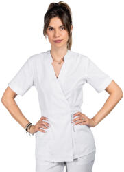 MALFINI Halat medical kimono stretch alb cu doua buzunare aplicate si guler tip tunica