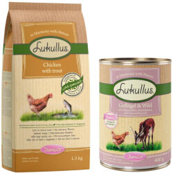 Lukullus Lukullus Preț special! 6 x 400/800g Junior hrană umedă + 1, 5/10kg uscată - 400 g Pasăre & Vânat (fără cereale) 1, 5 kg Pui păstrăv