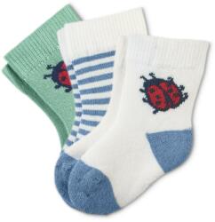 Tchibo 3 pár kisgyerek zokni szettben, katicás 1x fehér-kék, egy helyen belekötött, piros mintával, 1x kék-fehér csíkos, 1x zöld-kék, egy helyen belekötött piros mintával 13-15