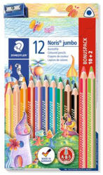 STAEDTLER Színes ceruza készlet, háromszögletű, vastag, hegyezővel, STAEDTLER "Noris Jumbo 128", 10+2 különböző szín (128 NC12P1)