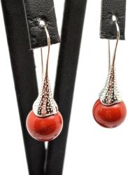 R. M. ékszer Fülbevaló golyó jáspis vörös mintás kürt lógós 10-11mm (087290)