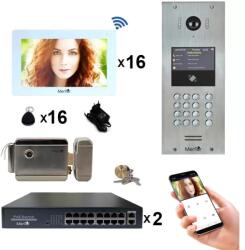 Mentor Kit Interfon Video 16 familii wireless WiFi IP65 1.3MP 7 inch Color 4in1 POE Tag Mentor SYKT038