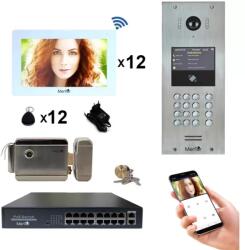 Mentor Kit Interfon Video 12 familii wireless WiFi IP65 1.3MP 7 inch Color 4in1 POE Tag Mentor SYKT037