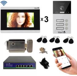 Mentor Kit Interfon Video 3 familii wireless WiFi IP65 1.3MP 7 inch Color 4in1 POE RJ45 Tag Mentor SYKT034