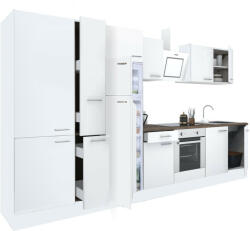 Leziter Yorki 360 konyhabútor fehér korpusz, selyemfényű fehér front alsó sütős elemmel polcos szekrénnyel és felülfagyasztós hűtős szekrénnyel (L360FHFH-SUT-PSZ-FF) - geminiduo