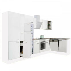 Leziter Yorki 370 sarok konyhabútor fehér korpusz, selyemfényű fehér front alsó sütős elemmel polcos szekrénnyel, felülfagyasztós hűtős szekrénnyel (LS370FHFH-SUT-PSZ-FF) - geminiduo