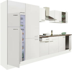 Leziter Yorki 330 konyhabútor fehér korpusz, selyemfényű fehér fronttal polcos szekrénnyel és felülfagyasztós hűtős szekrénnyel (L330FHFH-PSZ-FF) - geminiduo