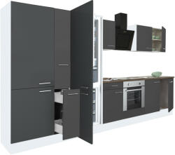 Leziter Yorki 360 konyhabútor fehér korpusz, selyemfényű antracit front alsó sütős elemmel polcos szekrénnyel és alulfagyasztós hűtős szekrénnyel (L360FHAN-SUT-PSZ-AF) - geminiduo