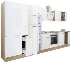 Leziter Yorki 360 konyhabútor sonoma tölgy korpusz, selyemfényű fehér front alsó sütős elemmel polcos szekrénnyel és felülfagyasztós hűtős szekrénnyel (L360STFH-SUT-PSZ-FF) - geminiduo
