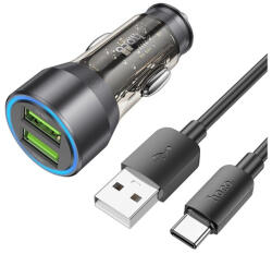 hoco. NZ12 autós töltő 2 x USB QC3.0 18W + Type-C kábel, átlátszó / fekete