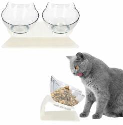 Castron, bol, pentru caine, pisica, dublu, cu suport, plastic, alb, model pisica, 2 x 13 cm (ESELL-D-WH-IF-MCT-PA0191)
