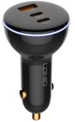 LDNIO C102 autós töltő, USB + 2x USB-C, 160 W + USB - Lightning kábel (fekete)