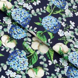 Goldea pamutvászon - kék színű hortenzia virágok 220 cm