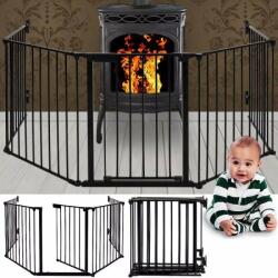 Procart Gard de protectie semineu pentru copii si animale de companie, 304x75 cm, asamblare versatila, grilaj metalic negru