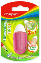 Keyroad Hegyező, 2 lyukú, radírral, 1 db/bliszter, Keyroad Twist, vegyes színek (KR970711) - web24