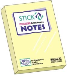 STICK'N Notes autoadeziv 76x51 mm, 100 file, galben, STICK'N Pastel (HO-21006)