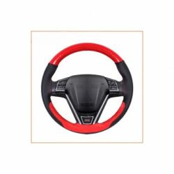 Alemarauto Husa volan din piele cu gaurele negru si carbon ac si ata rosie marime M (ALM 140623-1)