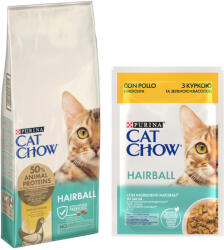 Cat Chow 15kg Purina Cat Chow Adult Special Care Hairball Control száraz macskatáp+26x85g Purina Cat Chow Hairball csirke & zöldbab nedves macskatáp ingyen