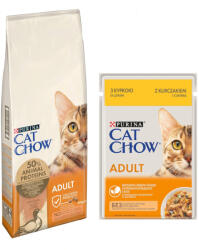 Cat Chow 15kg Purina Cat Chow Adult kacsa száraz macskatáp+26x85g Purina Cat Chow csirke nedves macskatáp ingyen